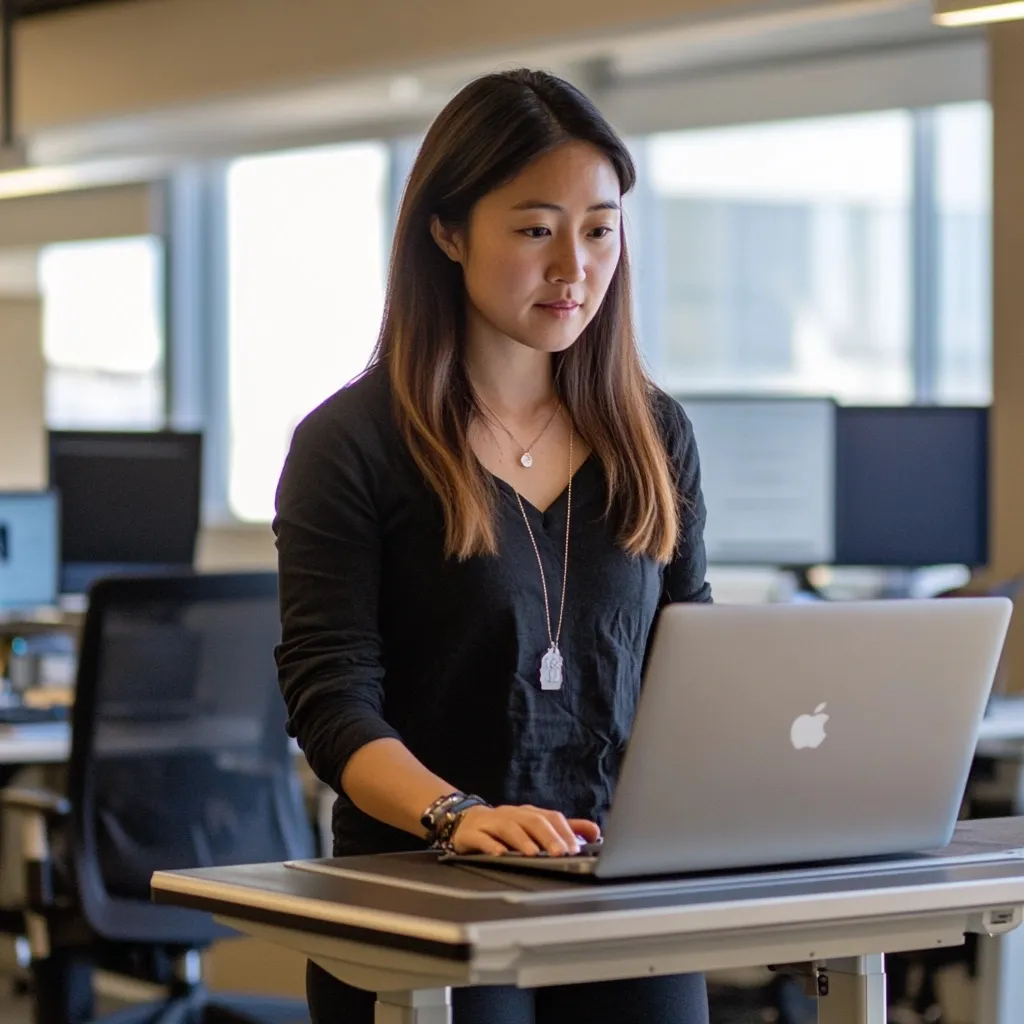 A woman standing at a desk, focused on working on her laptop, which features the Apple logo. She is wearing a black top and a long necklace, with a modern office environment in the background, including chairs and computer monitors. The scene is brightly lit with natural light coming through large windows.