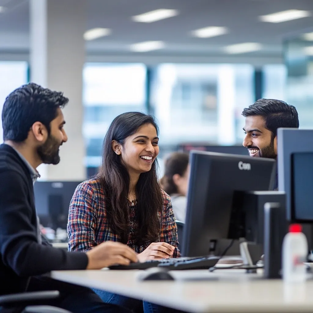 A group of three colleagues, two men and one woman, are engaged in a lively discussion while working at a computer. They are seated in a bright, modern office environment with large windows in the background. All three are smiling, creating a collaborative and friendly atmosphere. Monitors and desks with office supplies are visible in the foreground.