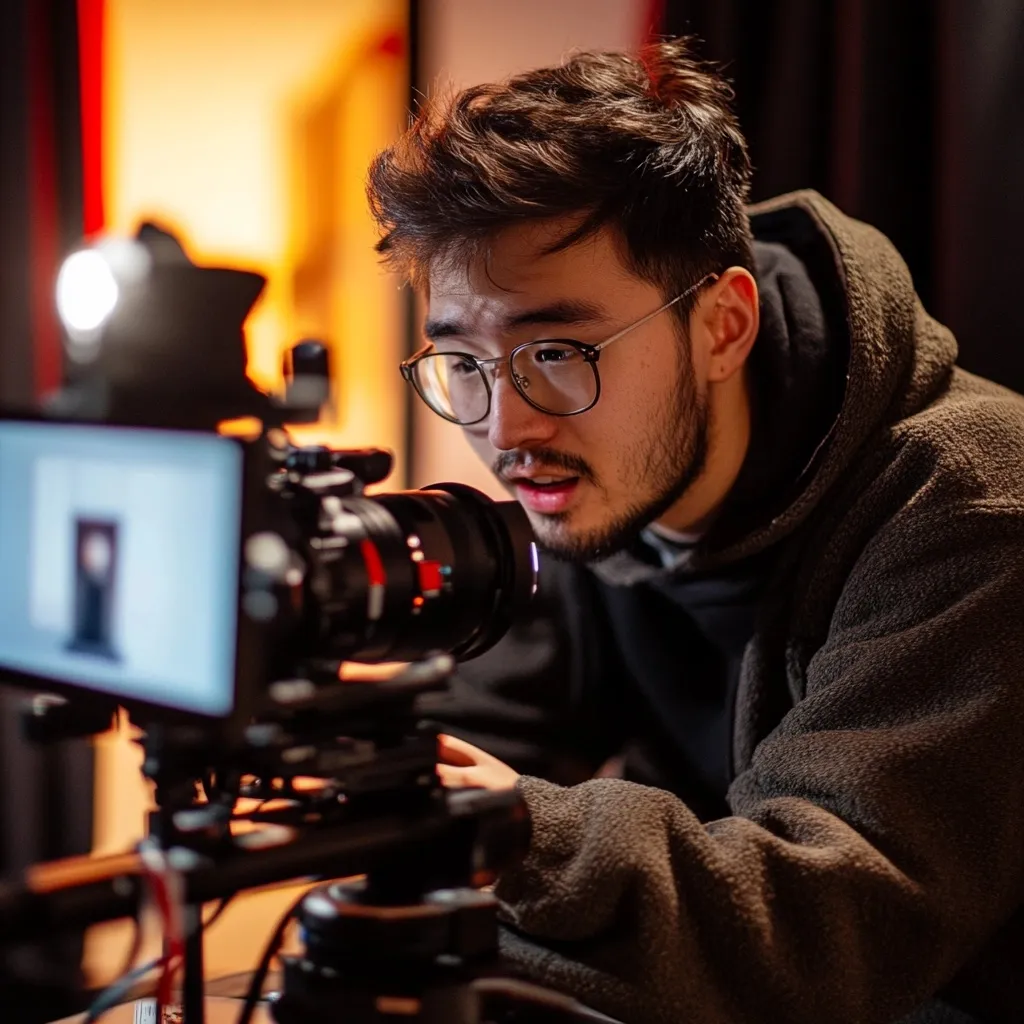 A man wearing glasses and a fleece jacket is focused on a camera setup, adjusting its settings. The scene is a warmly lit indoor studio. A screen connected to the camera is visible, displaying the subject being recorded.