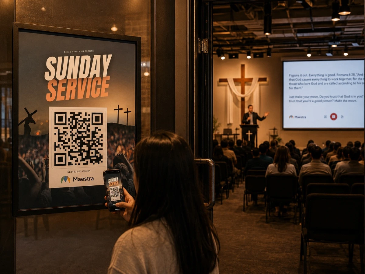 Person scanning a QR code on a Sunday Service poster outside a church sanctuary.