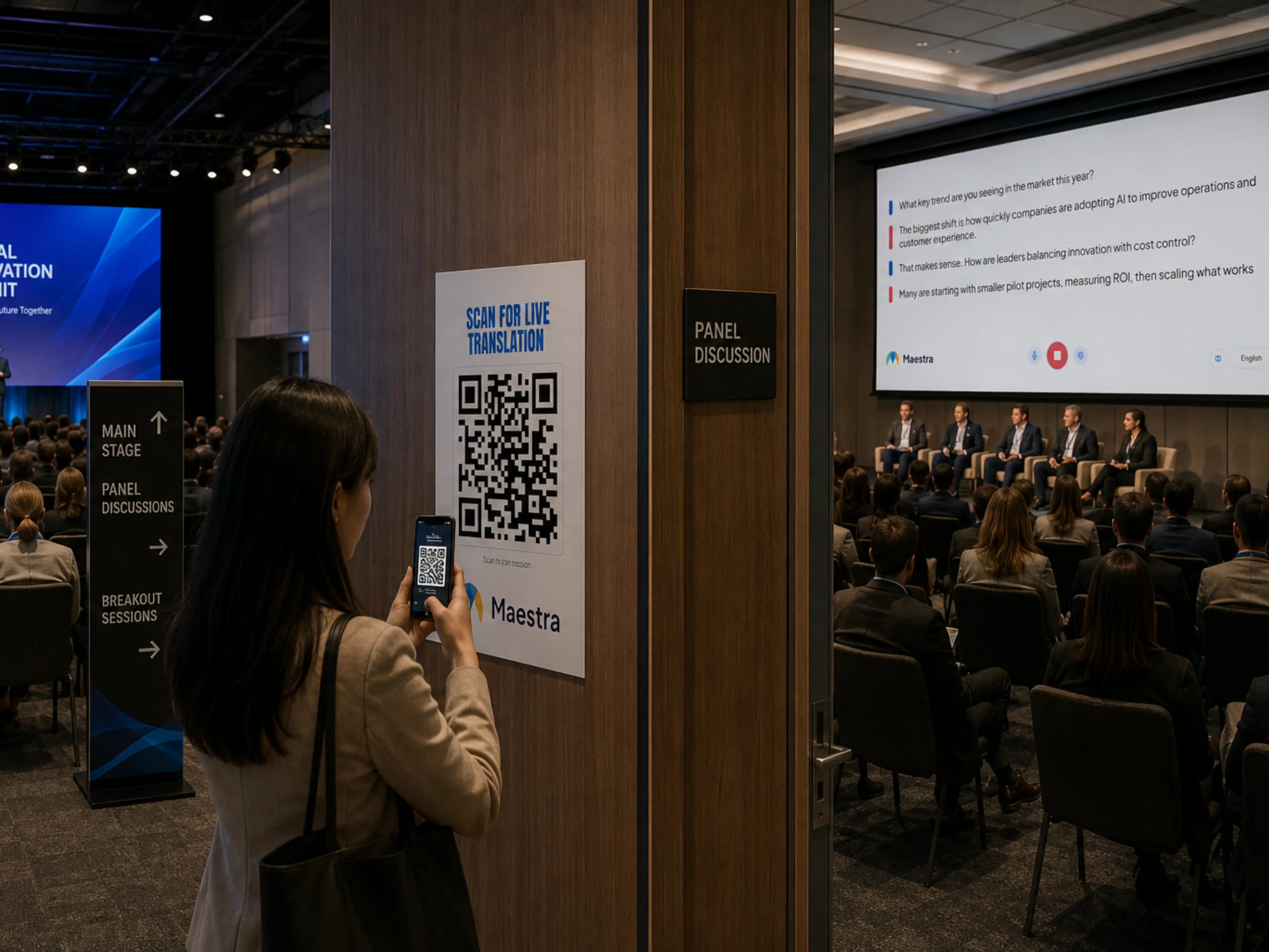 Person scanning a QR code for live translation outside a conference room holding a panel discussion.
