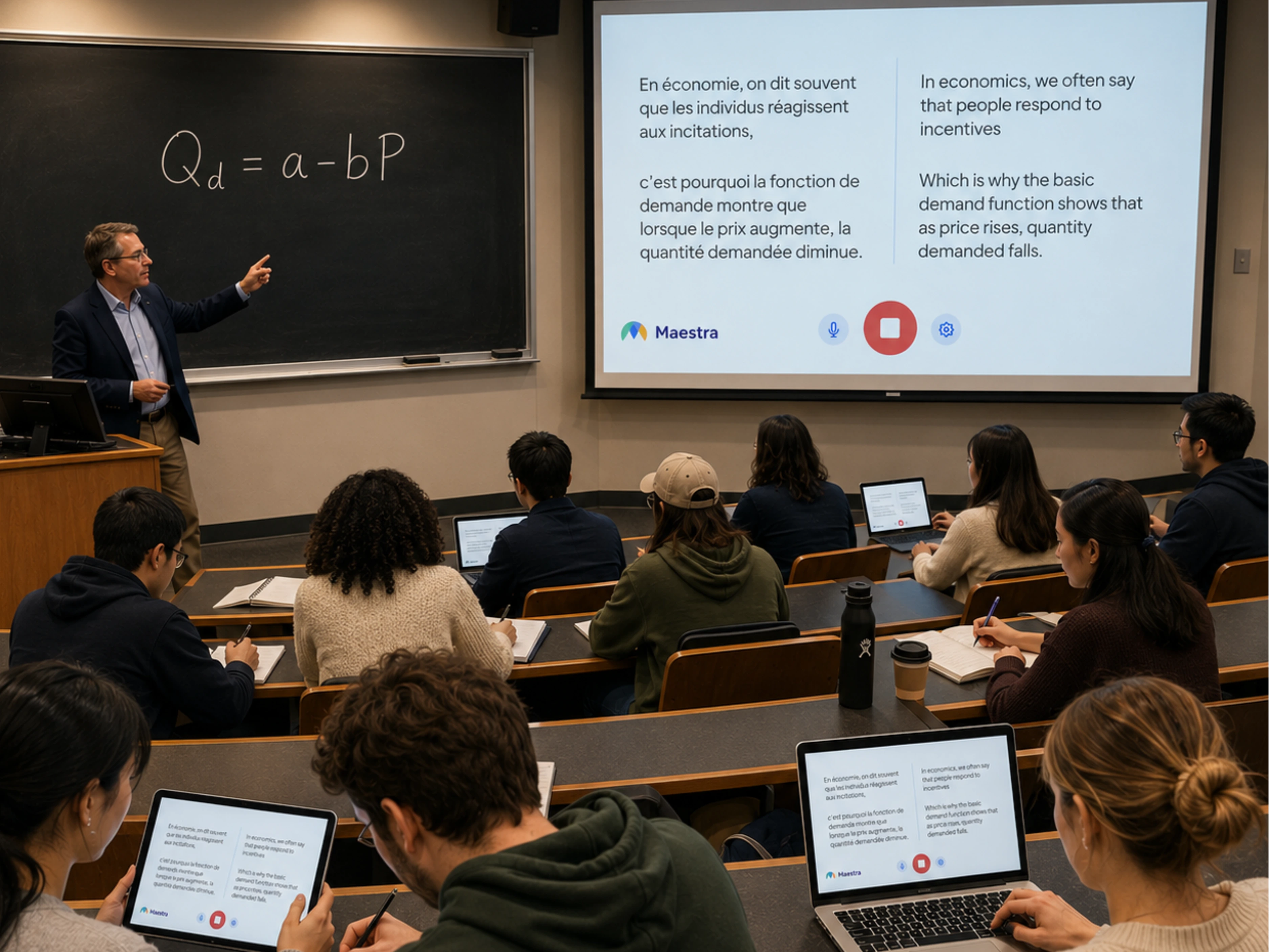 Professor teaching economics in a lecture hall with bilingual captions projected on a screen.