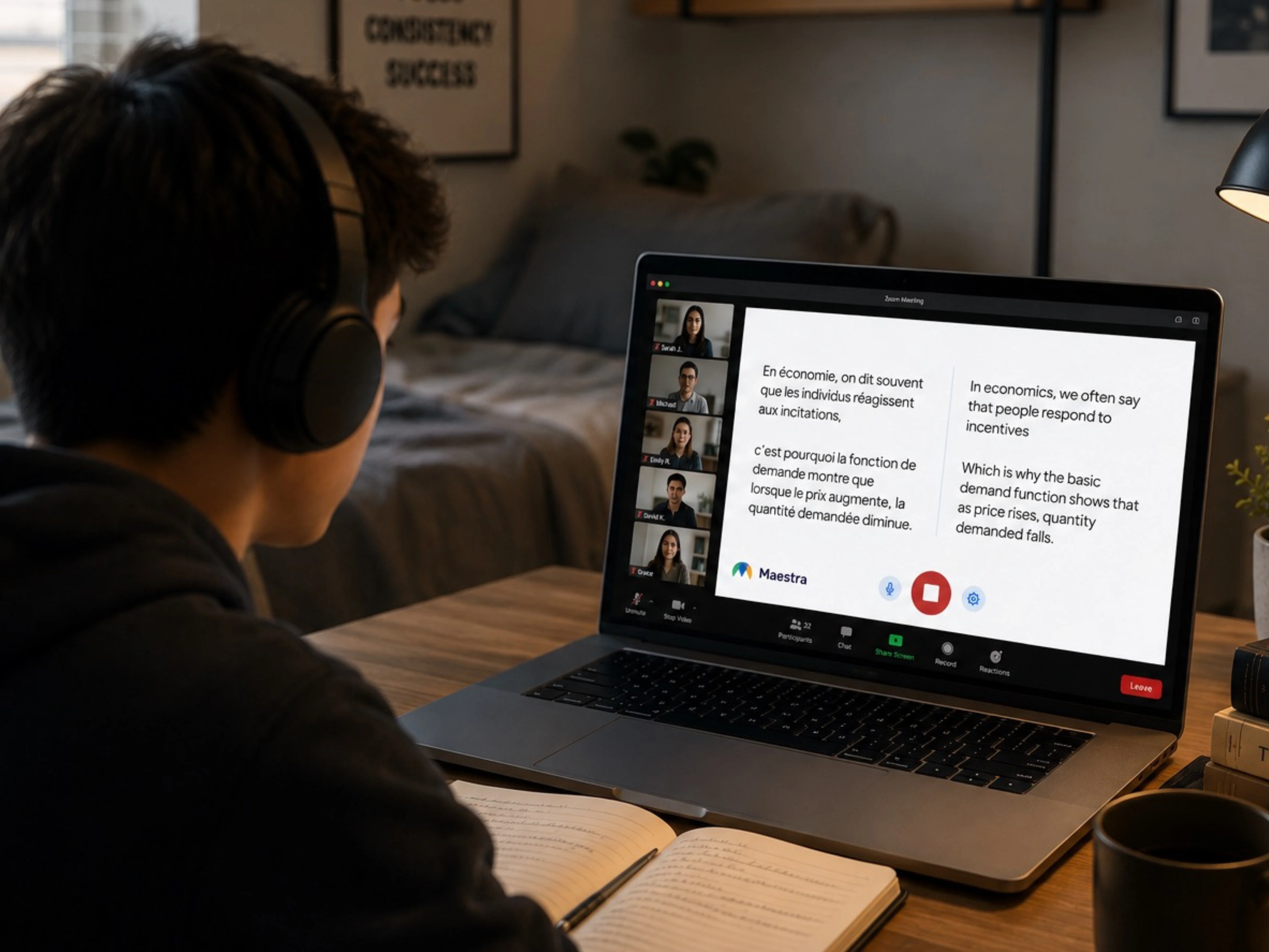 Student wearing headphones attending an online class on a laptop displaying bilingual captions.