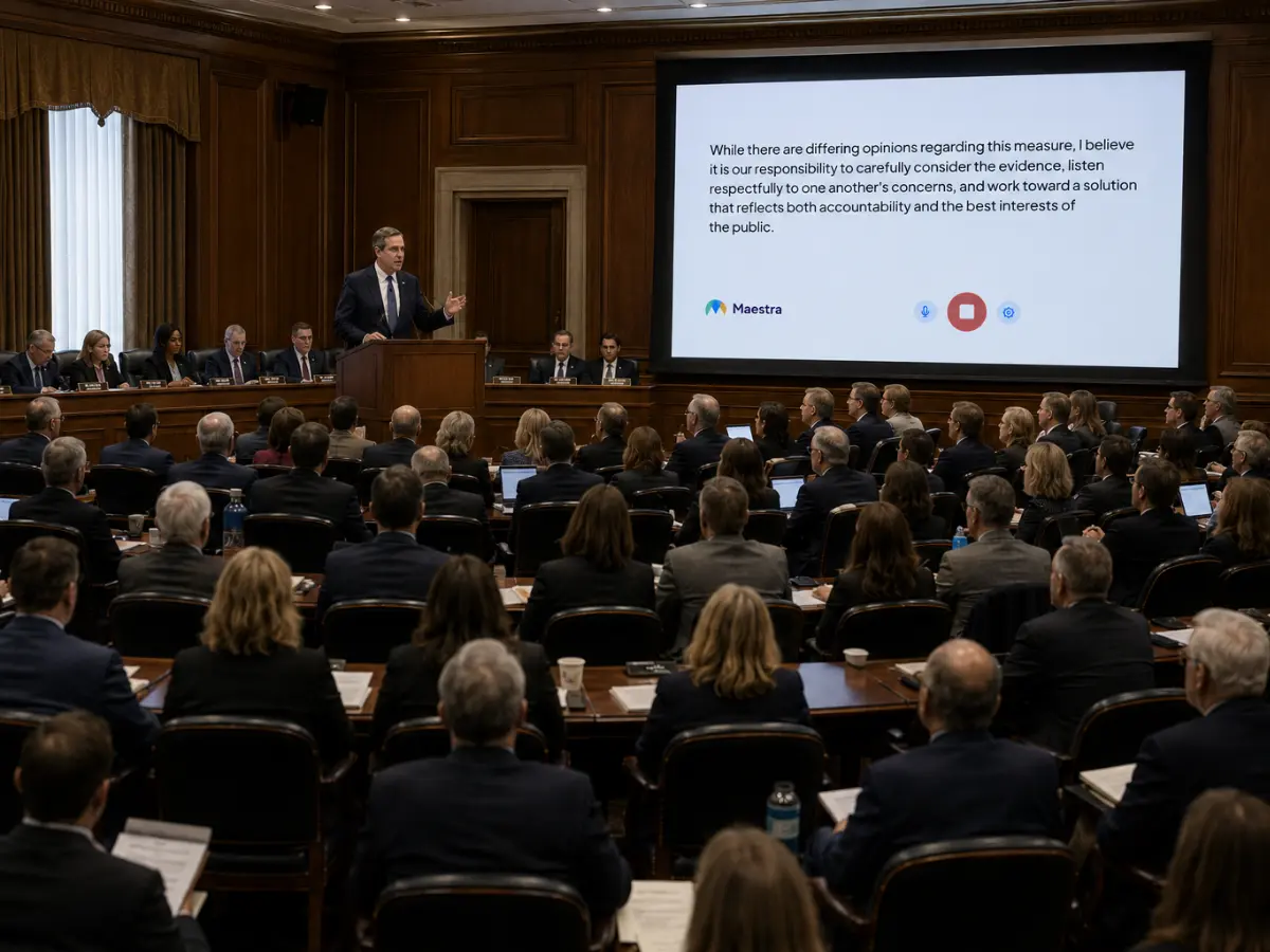 Speaker addressing a government assembly while live transcript captions display on a large screen behind them.
