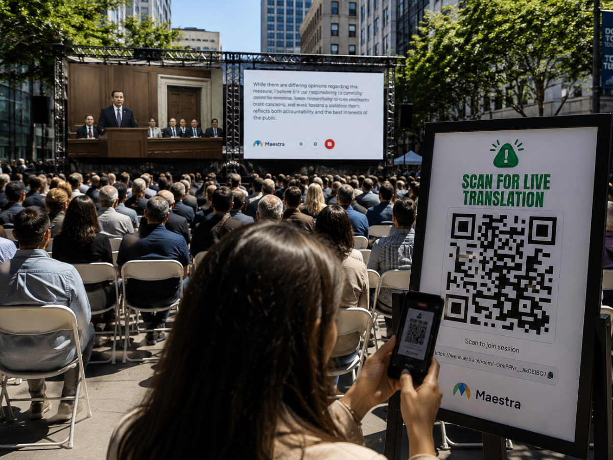 Person scanning a QR code for live translation at an outdoor public event with a stage screen showing live captions.