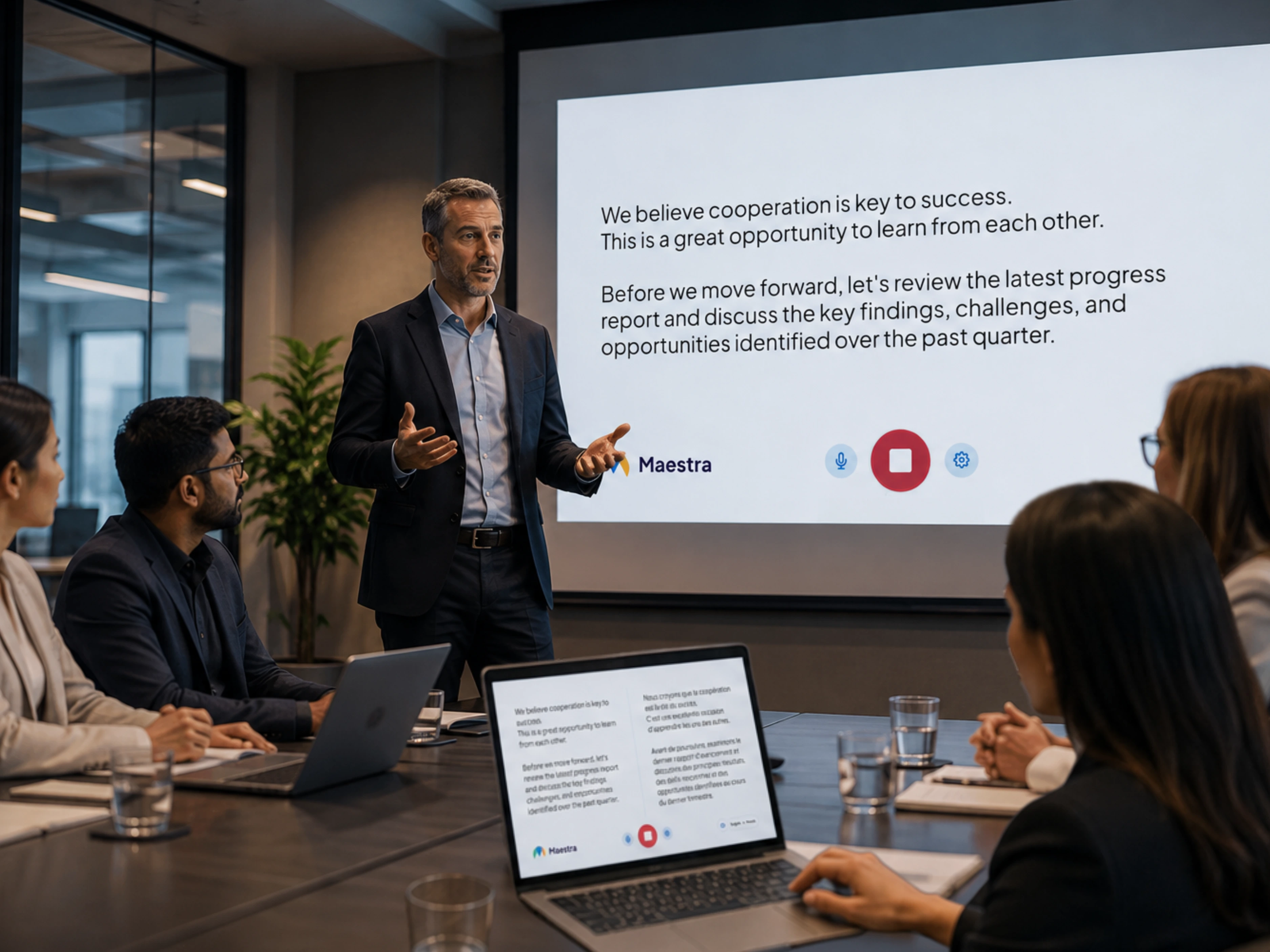 Man presenting to colleagues in a meeting room with live text captions displayed on a projector screen and a laptop.