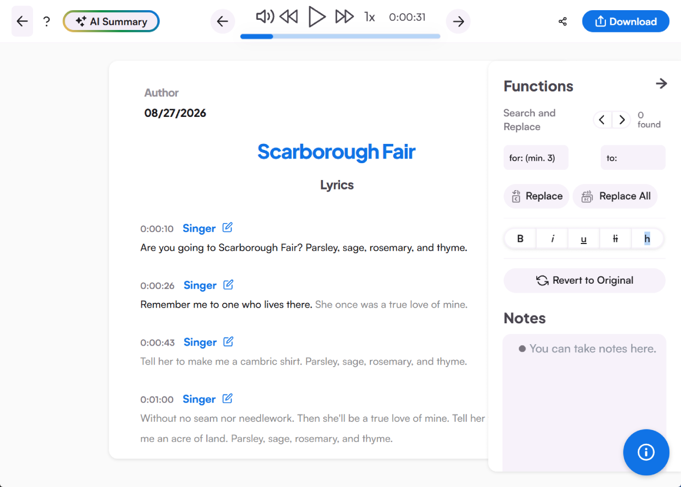 Extracted song lyrics on transcript editor