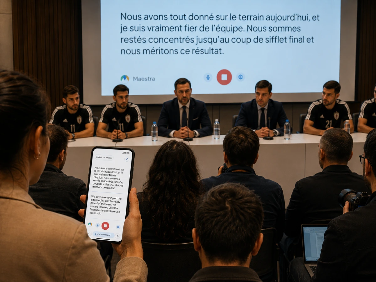 Person holding a smartphone with live transcript captions at a sports press conference.