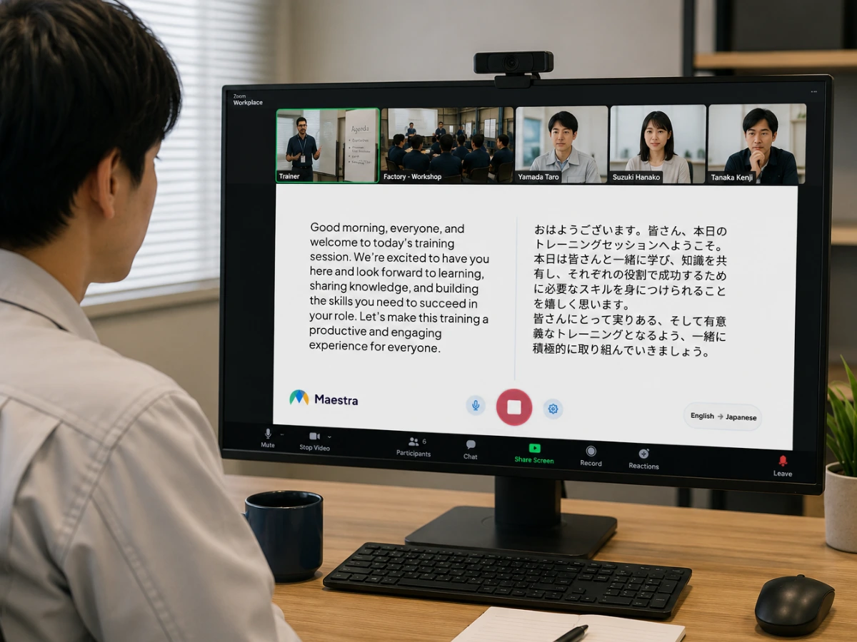 Person at a desk attending an online video meeting on a desktop monitor displaying live English and Japanese captions.