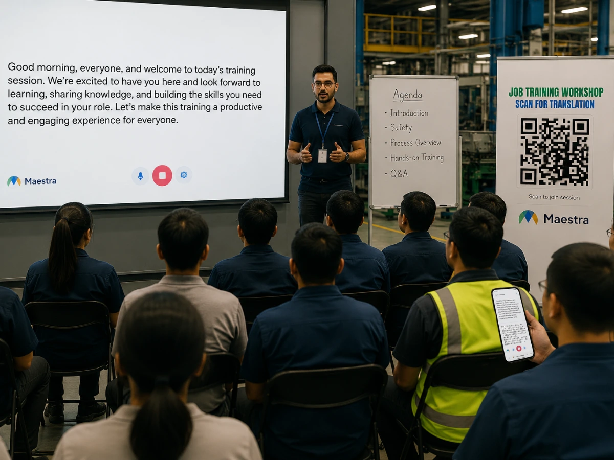Instructor leading a workplace training workshop in a facility while live captions show on a presentation screen.