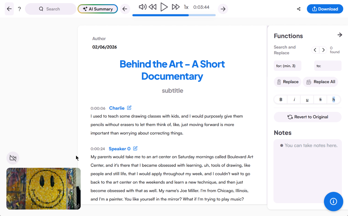 Maestra transcript editor with speaker labels, timestamps, and audio playback synced to the text