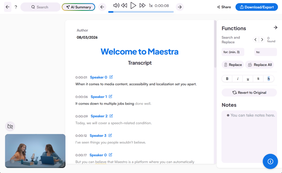 Maestra transcript editor with speaker labels, timestamps, and audio playback synced to the text