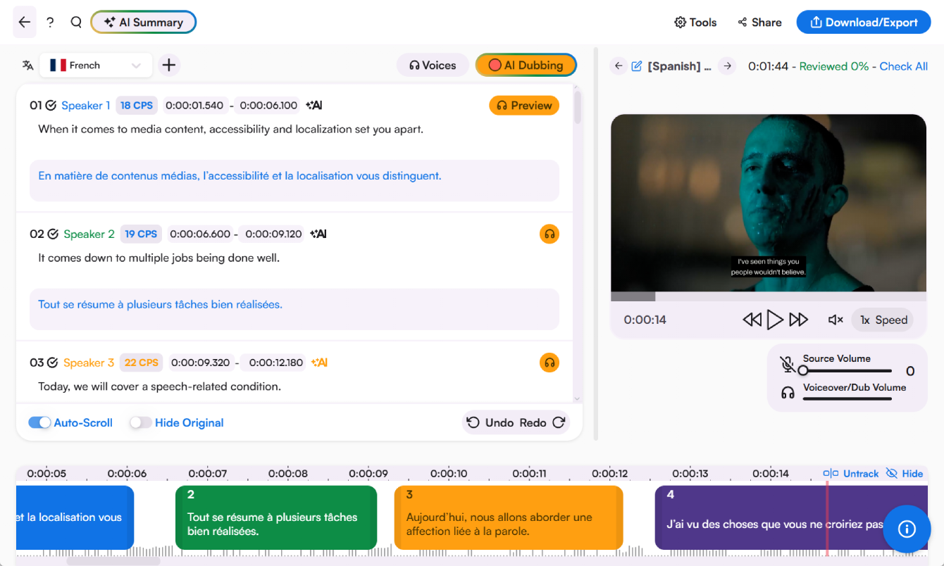 Video translation with voiceover and subtitle editor