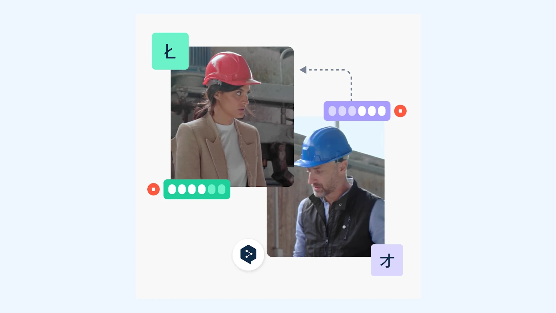 DeepL Voice for Conversations graphic showing two workers in hard hats talking in different languages with live speech translation.