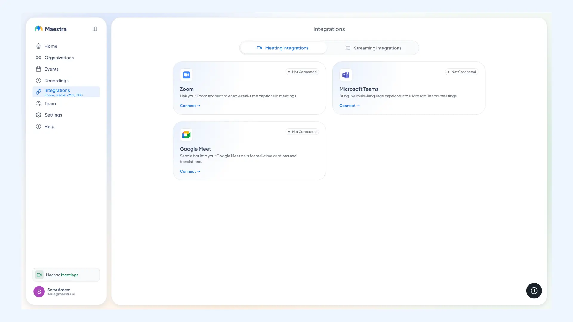 Maestra Live Integrations page with Zoom, Microsoft Teams and Google Meet meeting integrations.