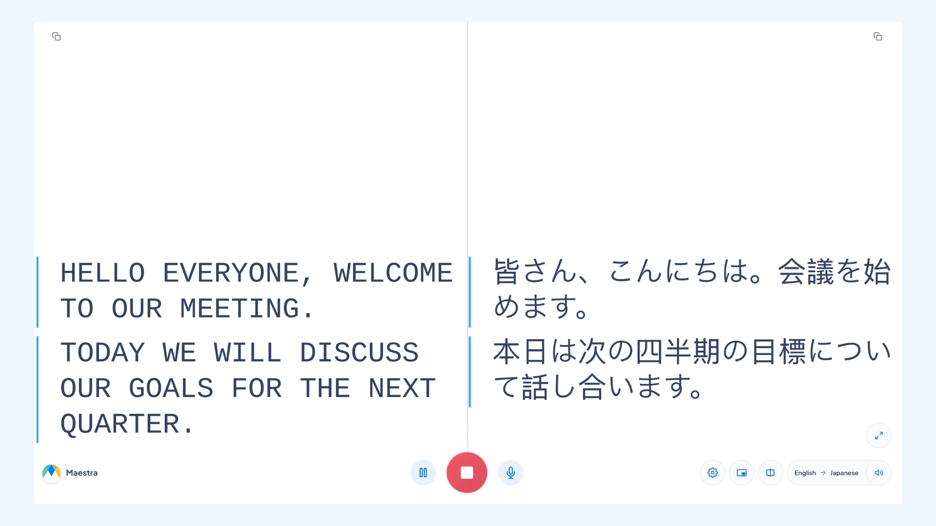 Maestra Live split-screen view interpreting an English meeting welcome into Japanese captions in real time.