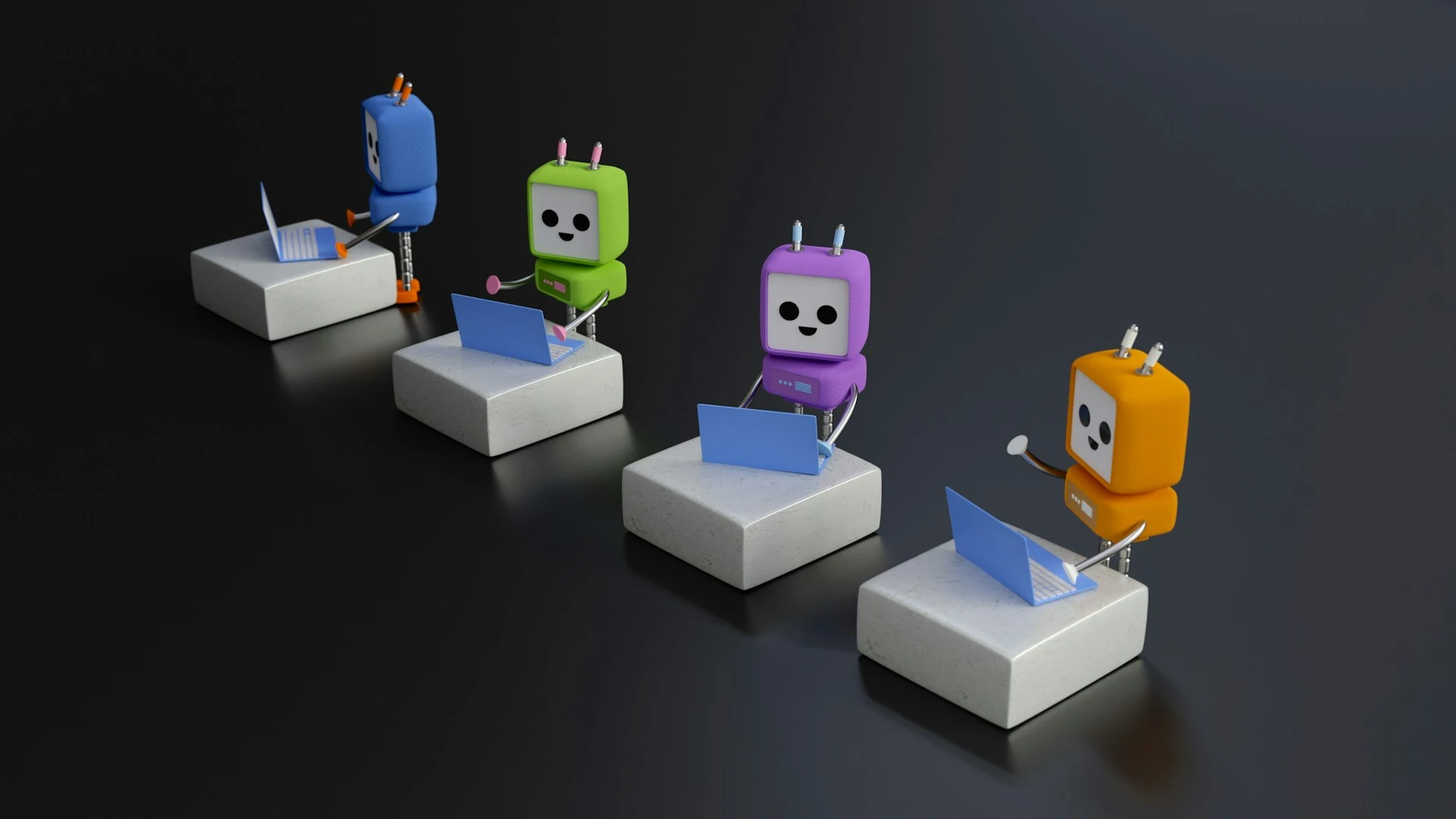 Four small, colorful robots sitting at desks and using laptops in a row.