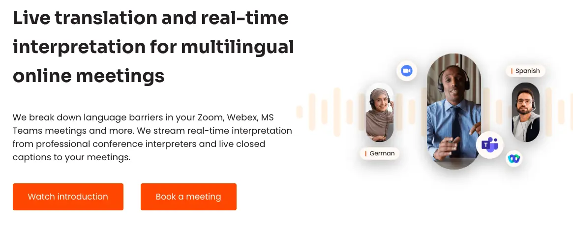 The web page of Interprefy for live translation and interpretation for online meetings.