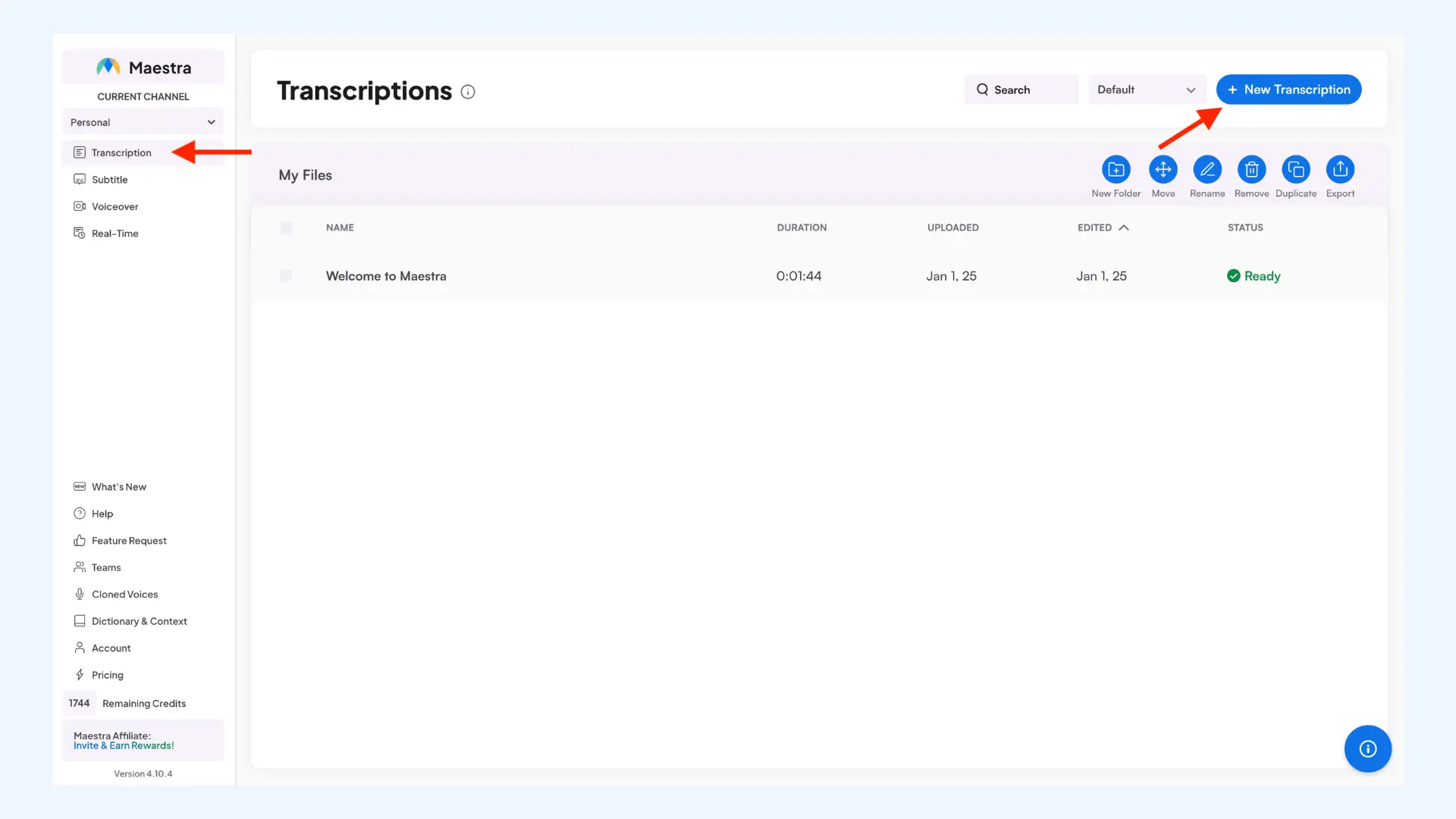 How to start a new transcription project in Maestra.
