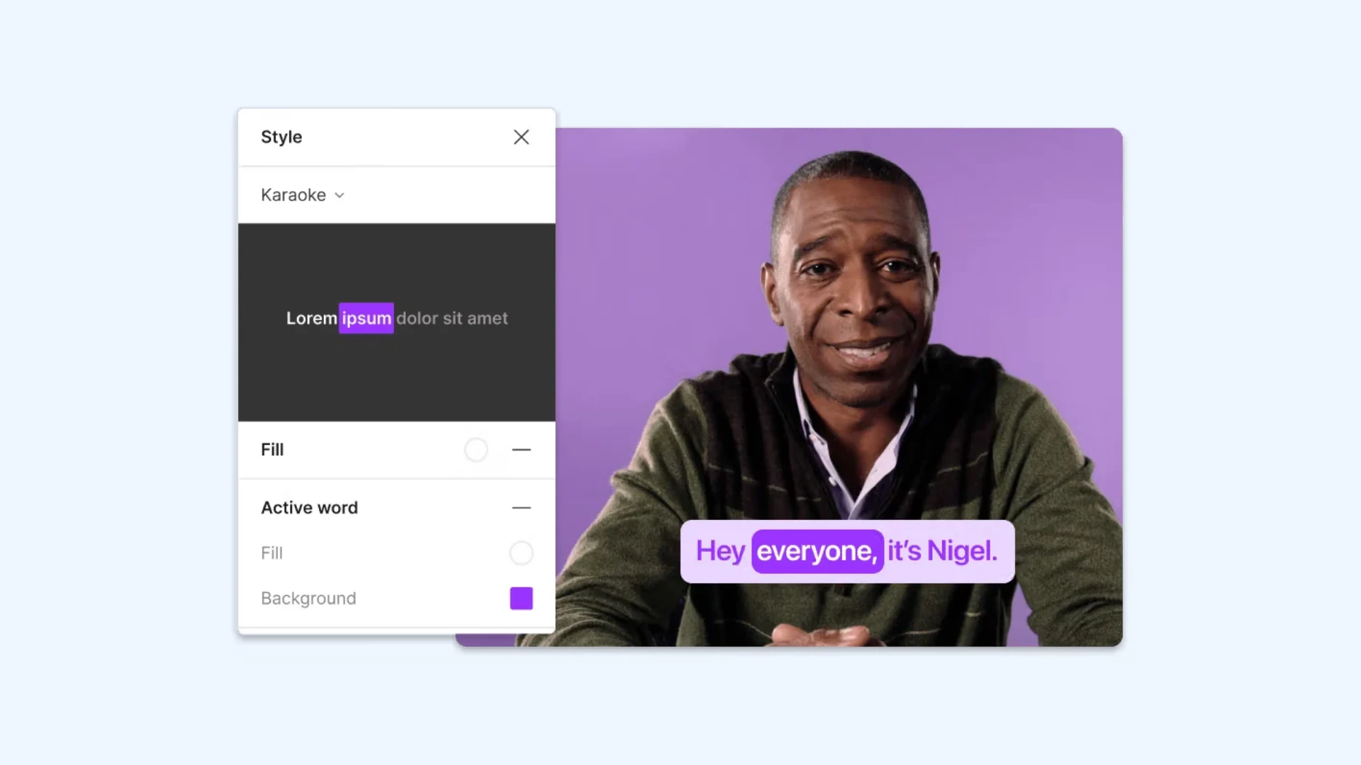 Descript interface showing a man speaking with customizable karaoke-style captions being styled.