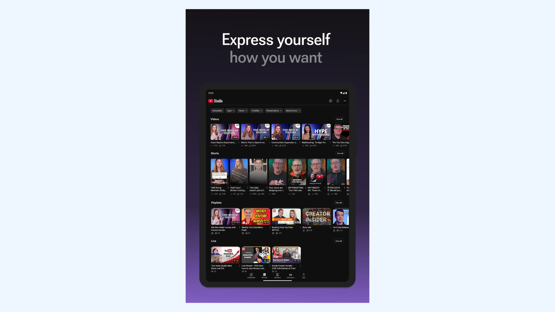 Tablet interface showing the YouTube Studio content dashboard.