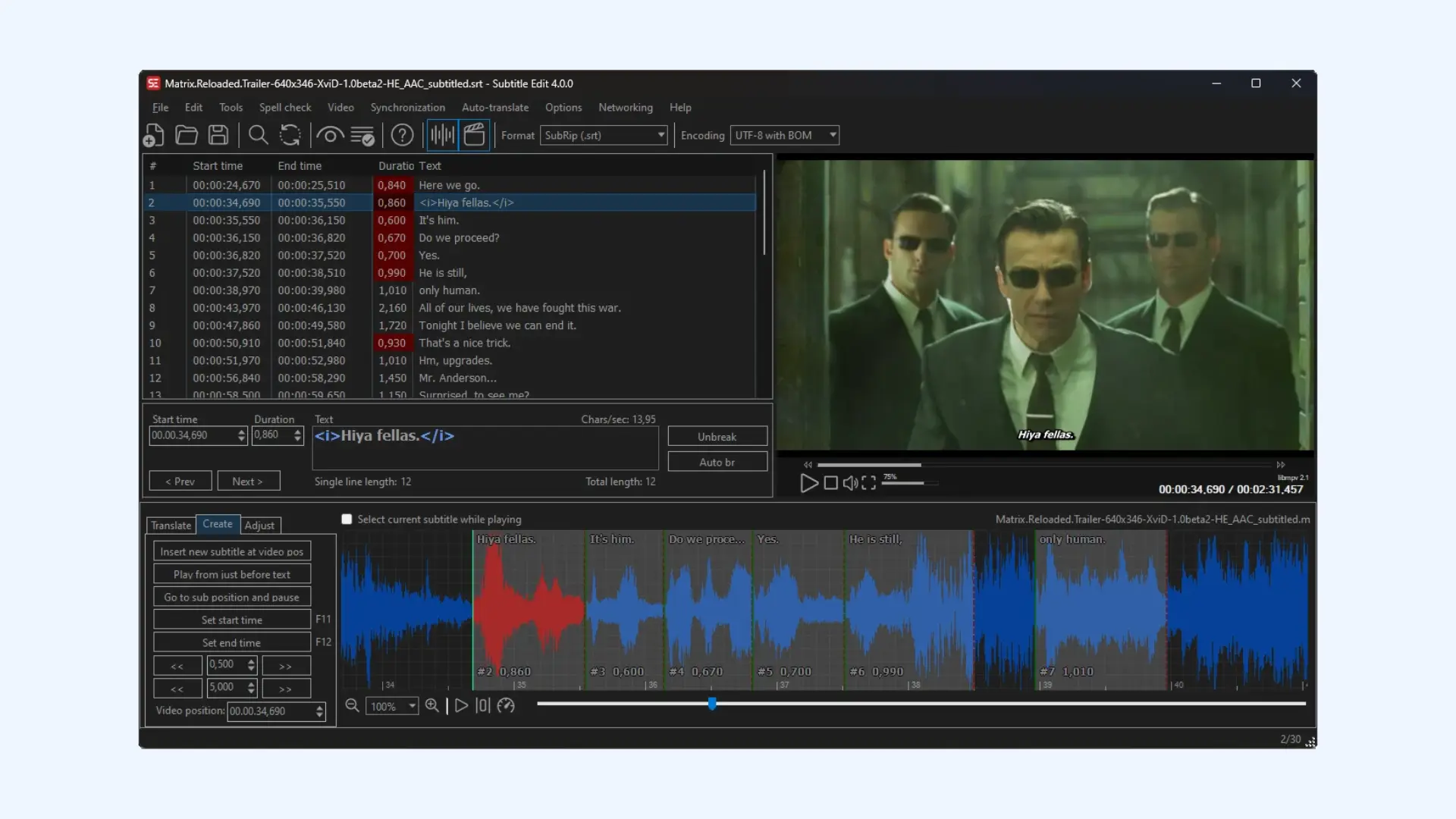 Subtitle Edit interface showing subtitle timing lines, video preview, and an audio waveform panel.