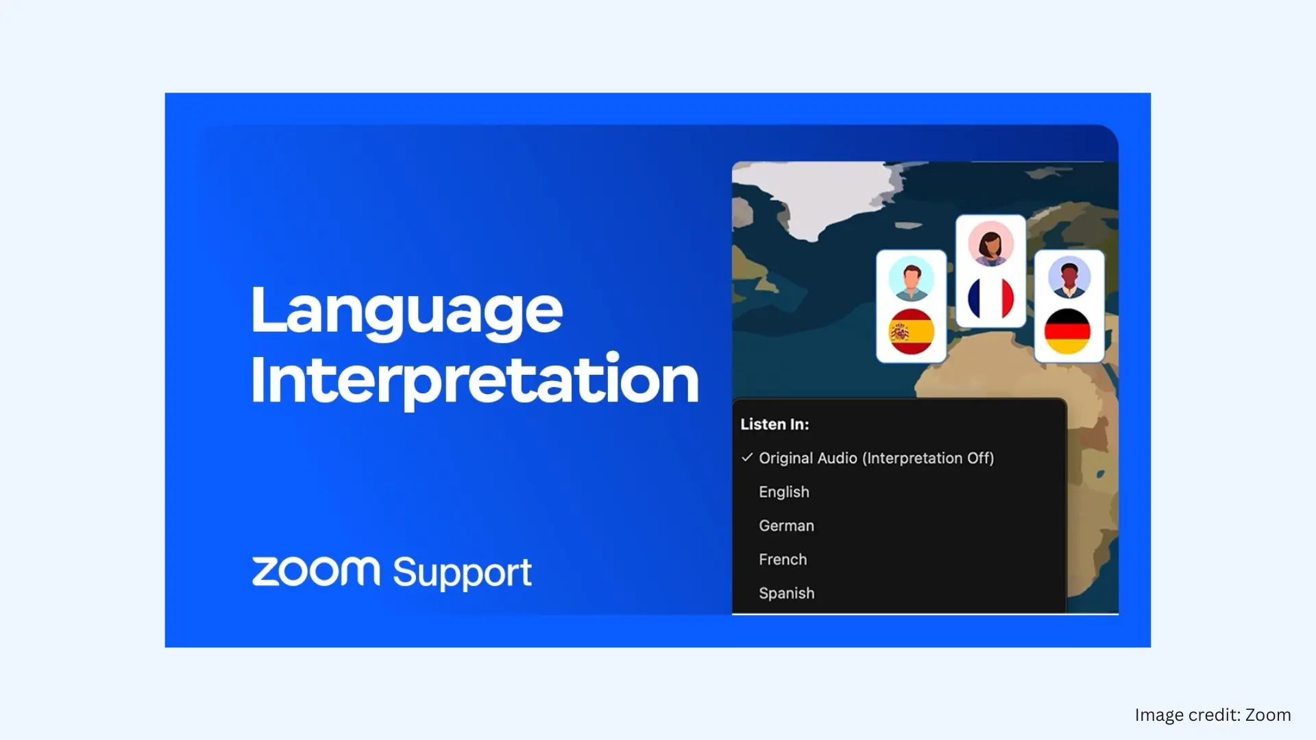 Zoom graphic showing the "Language Interpretation" menu and a world map with diverse profile icons.