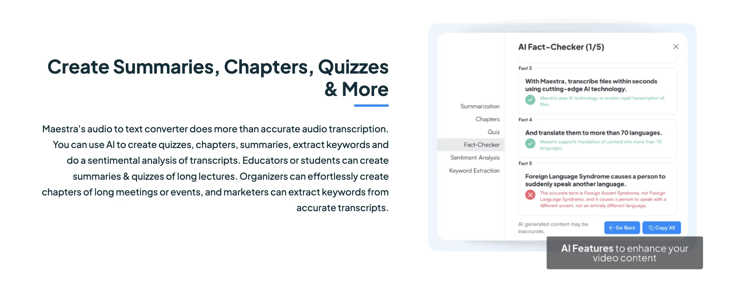 The web page of Maestra's audio to text converter, which can be used as an academic transcription service.