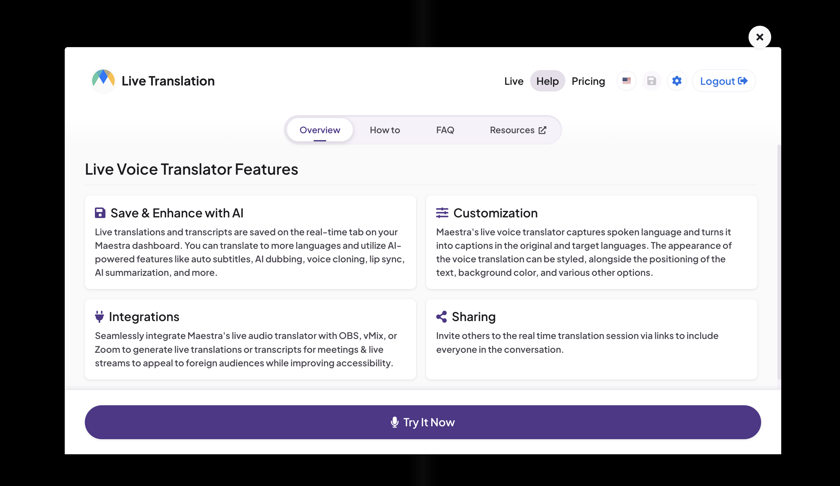 The onboarding section of Maestra's live voice translator.