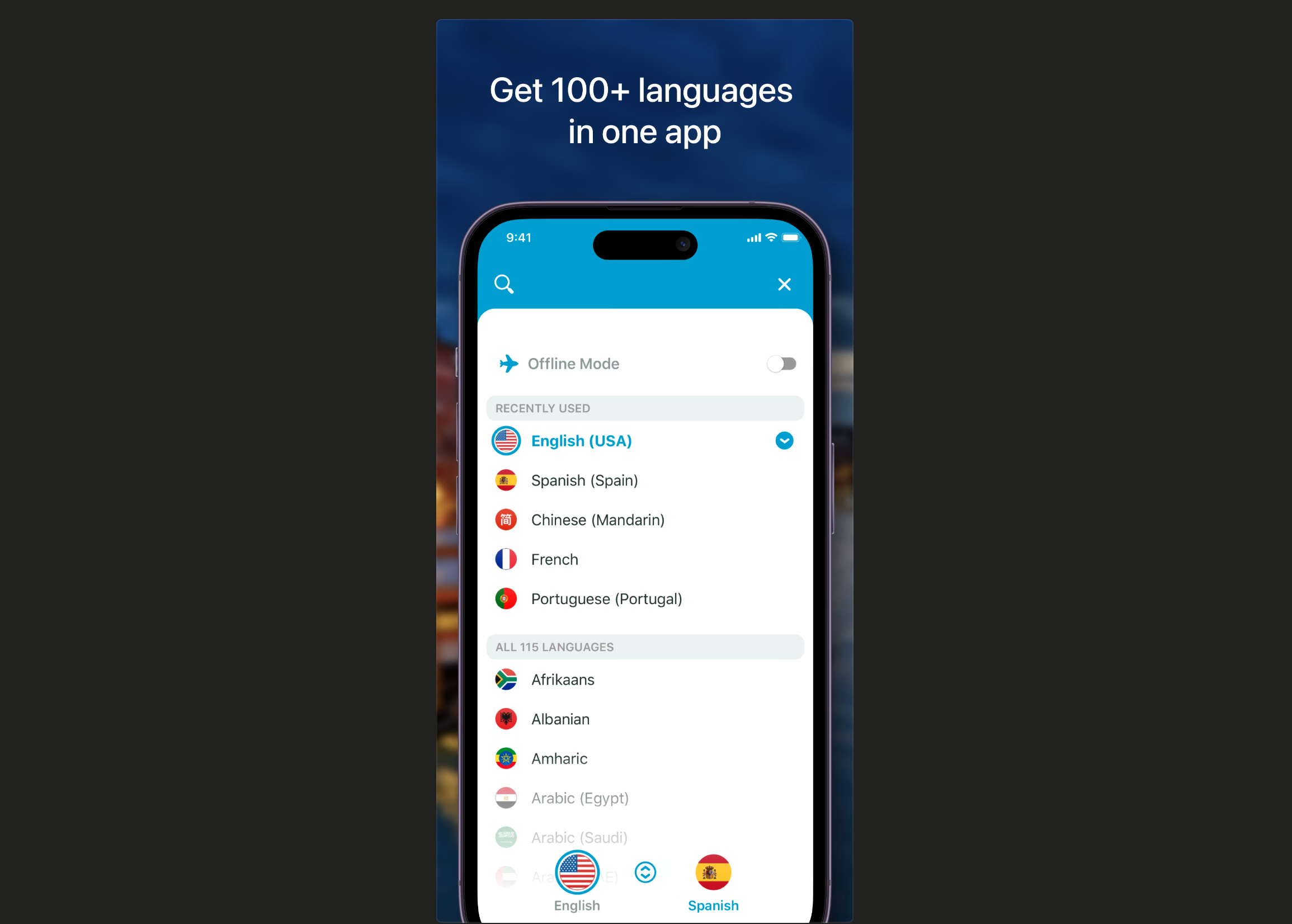 Speak & Translate Arabic translation app showing 100+ languages selection 