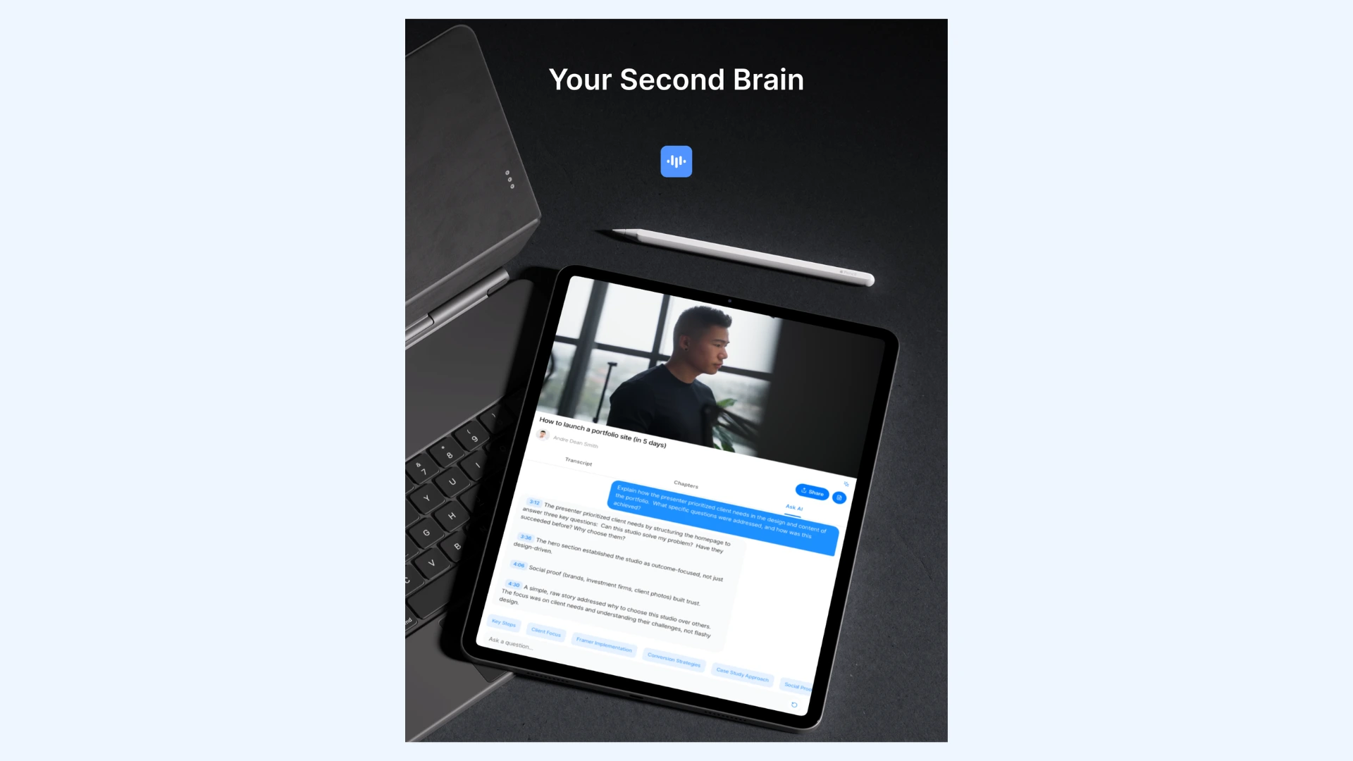 iPad displaying ScreenApp, showing a video with its corresponding AI transcript, chapters, and summary notes on the screen.