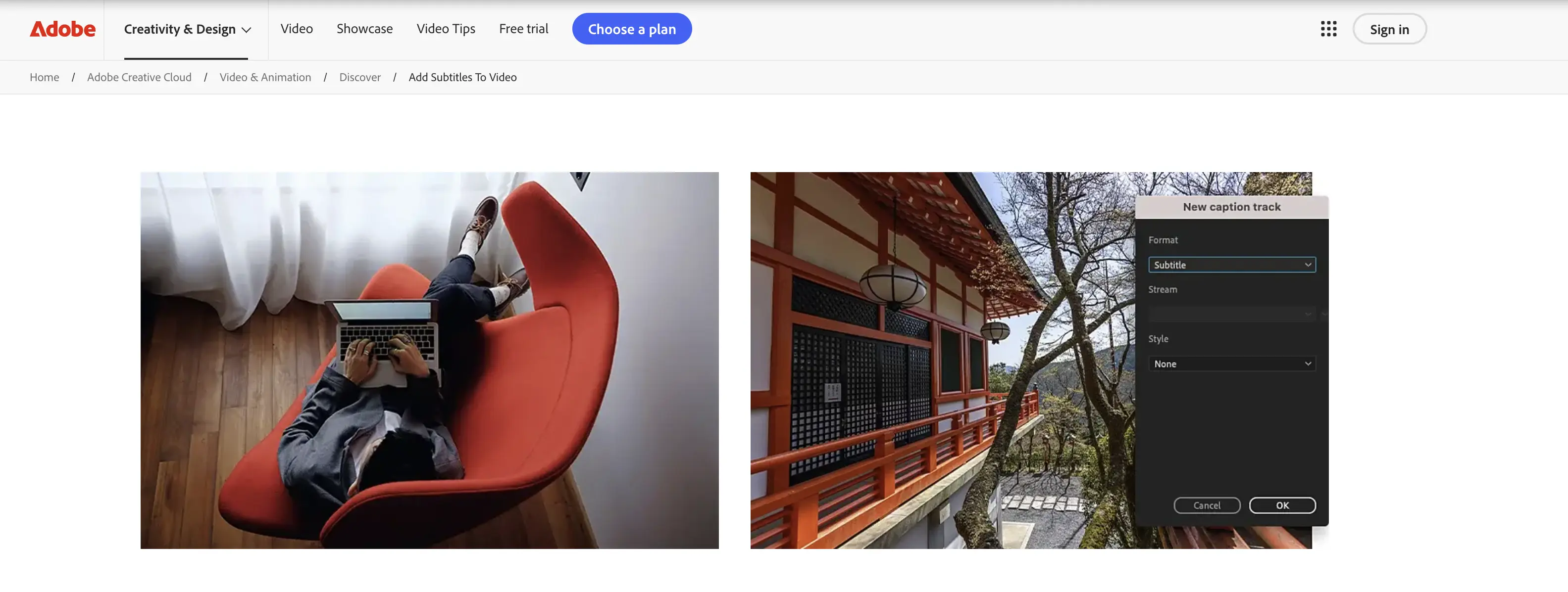 The web page of Adobe Premiere Pro highlighting the tool's subtitle features.