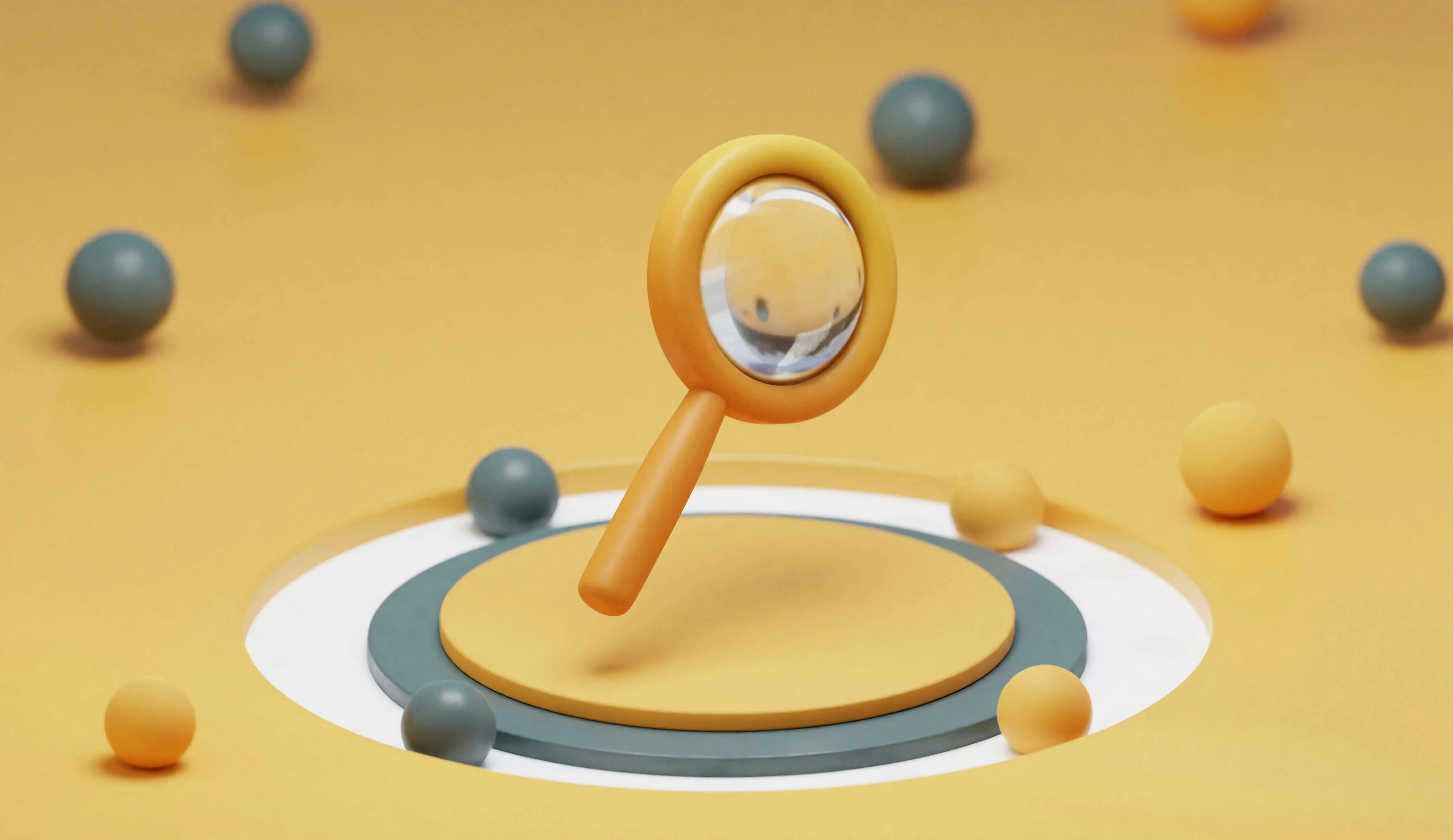 A yellow magnifying glass surrounded by spheres.