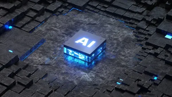 Glowing AI chip on a circuit board.