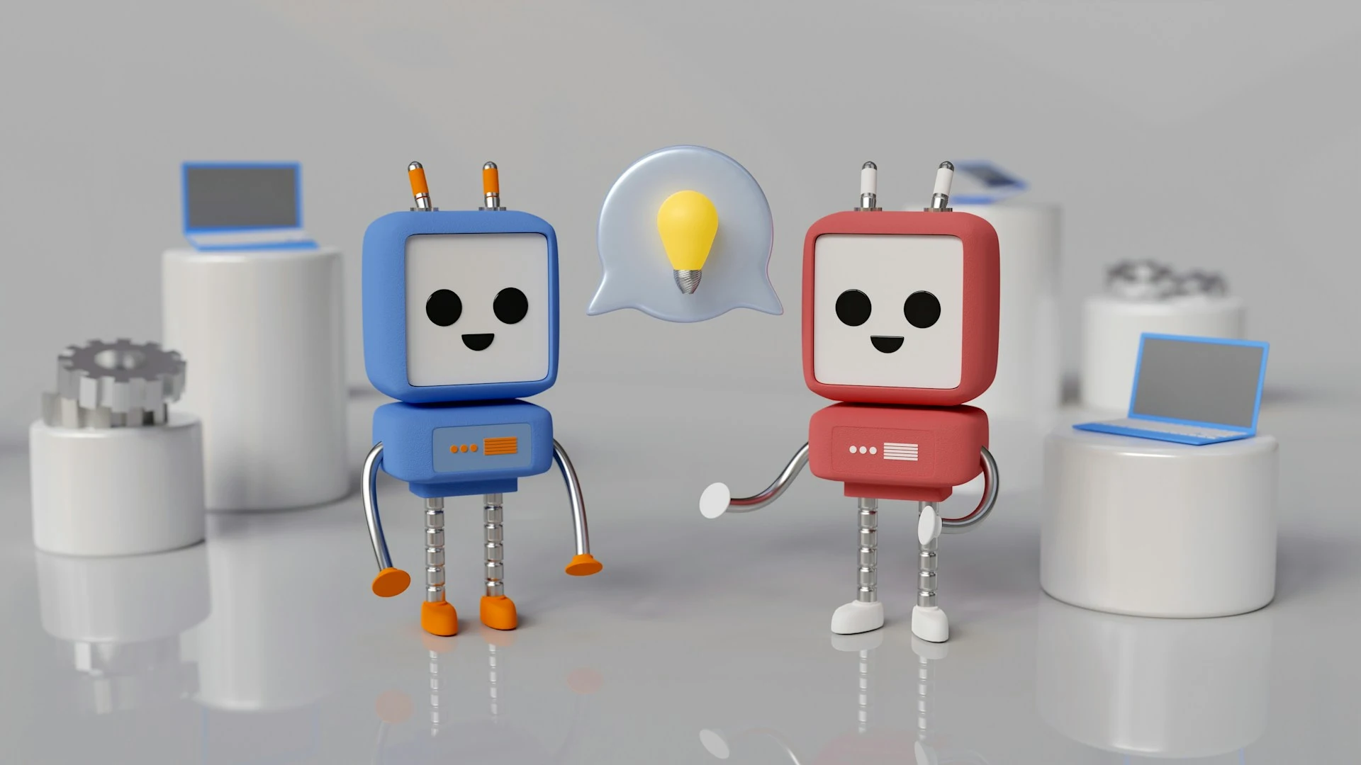 Two small cartoon robots facing each other, with a lightbulb in a speech bubble.