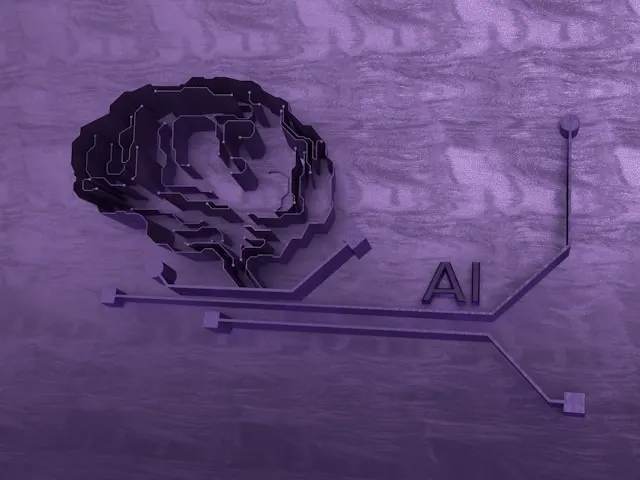 Circuit brain connected to "AI" on a purple background.
