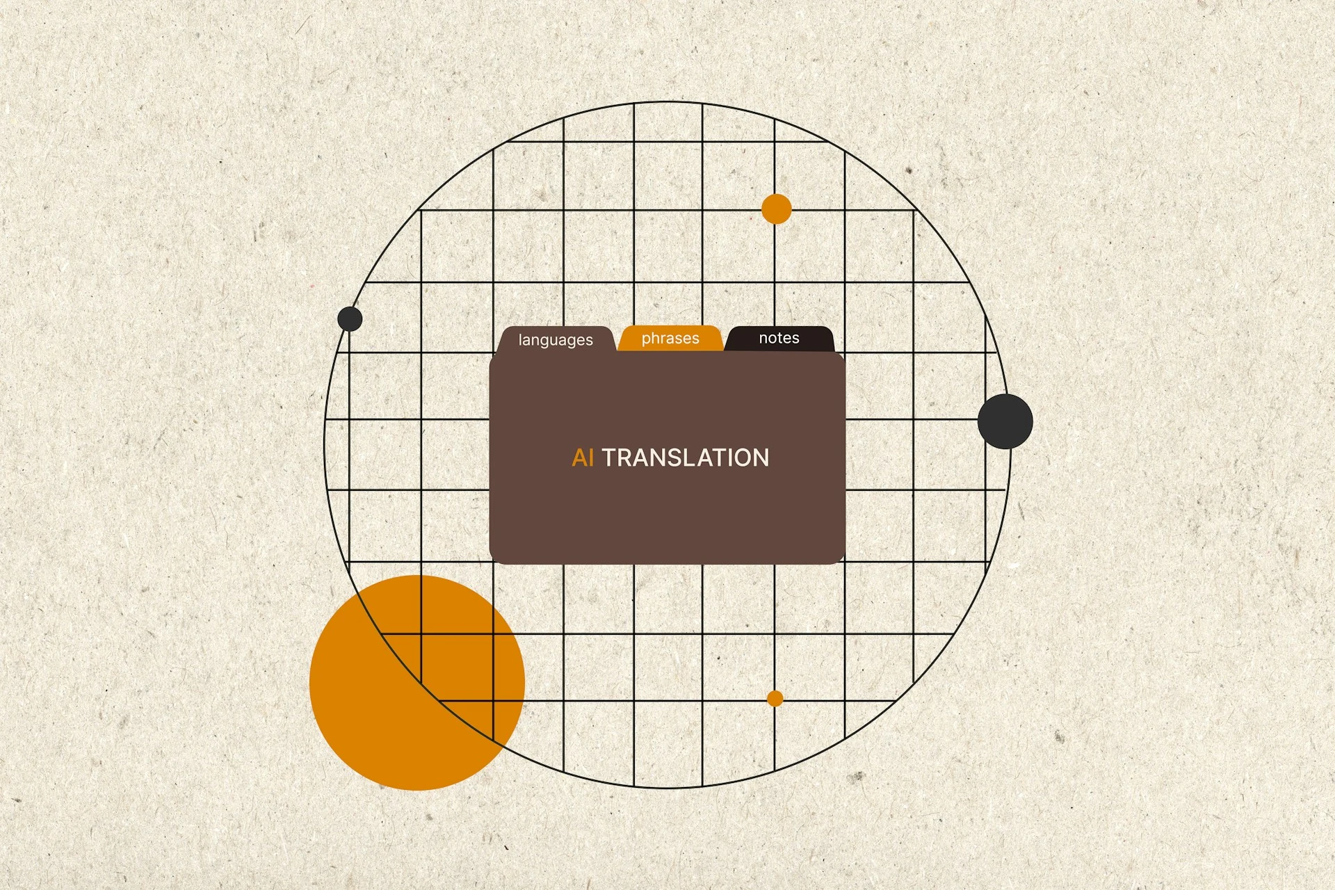 A brown folder labeled "AI TRANSLATION" with tabs for "languages," "phrases," and "notes".