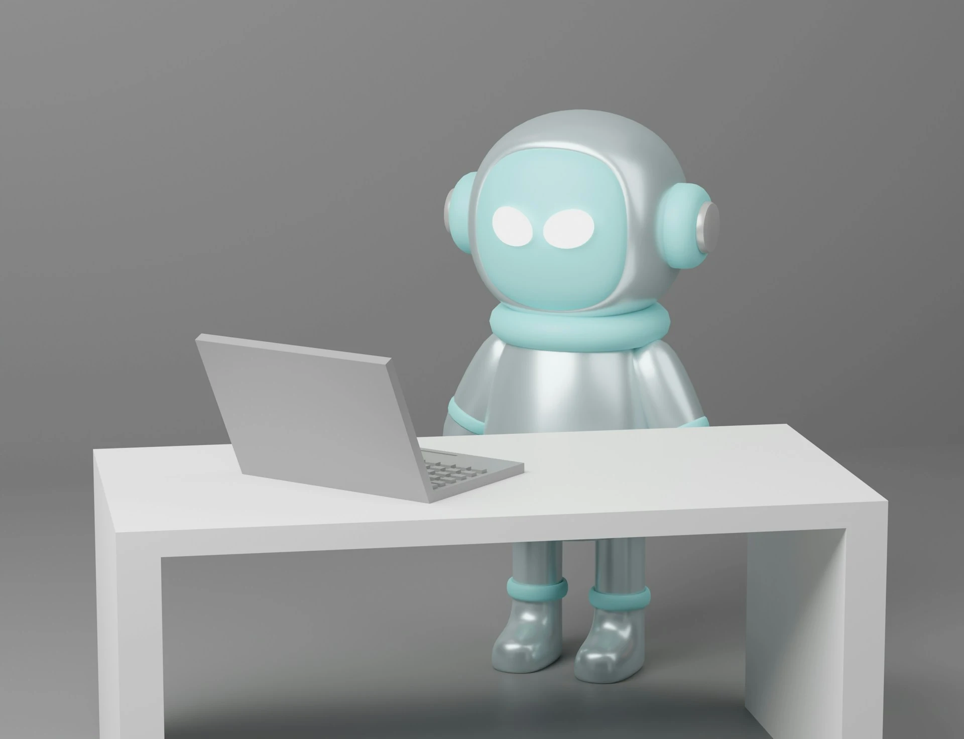 An AI robot with a desk at a laptop.