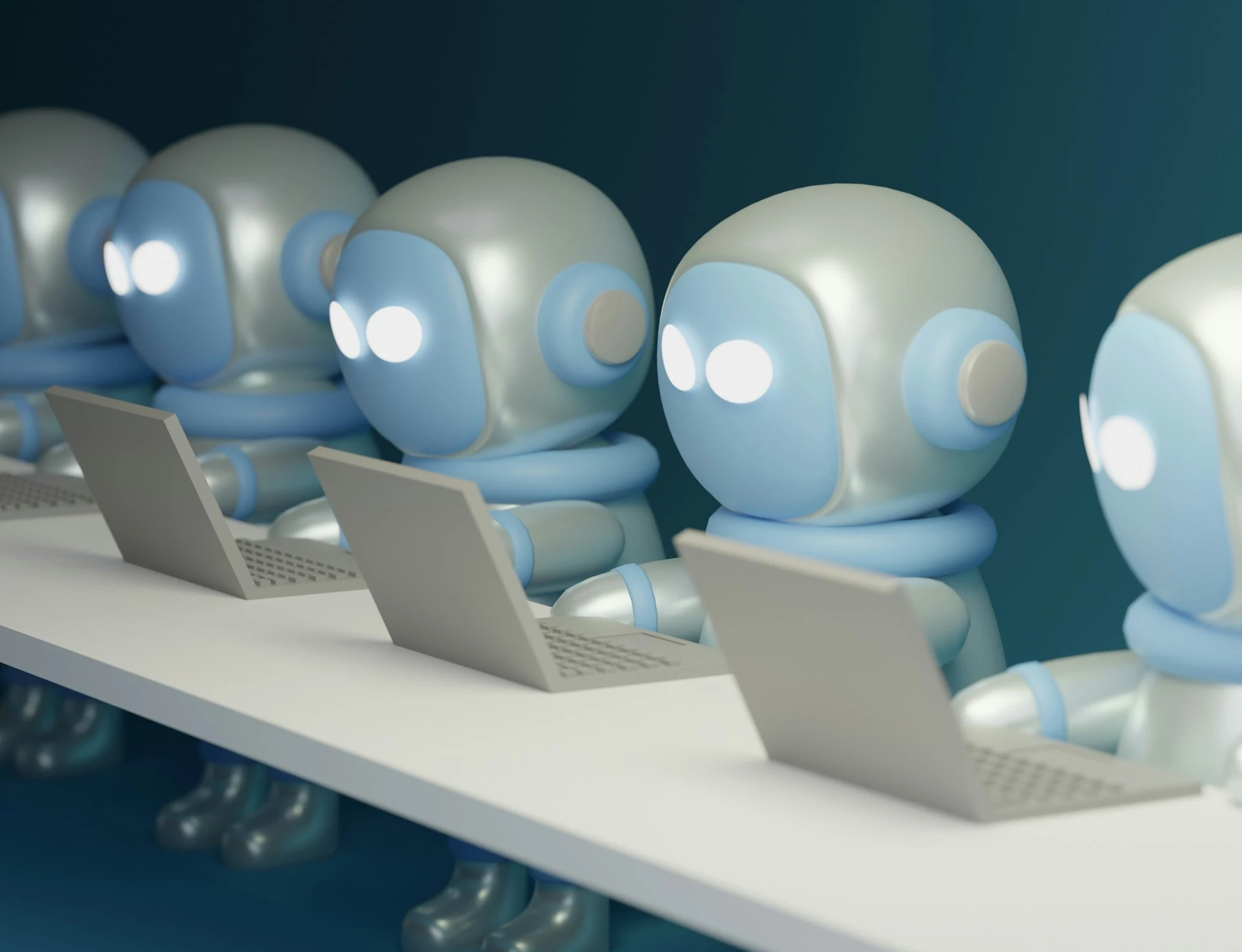 Robots typing on laptops, representing AI-powered video translation.