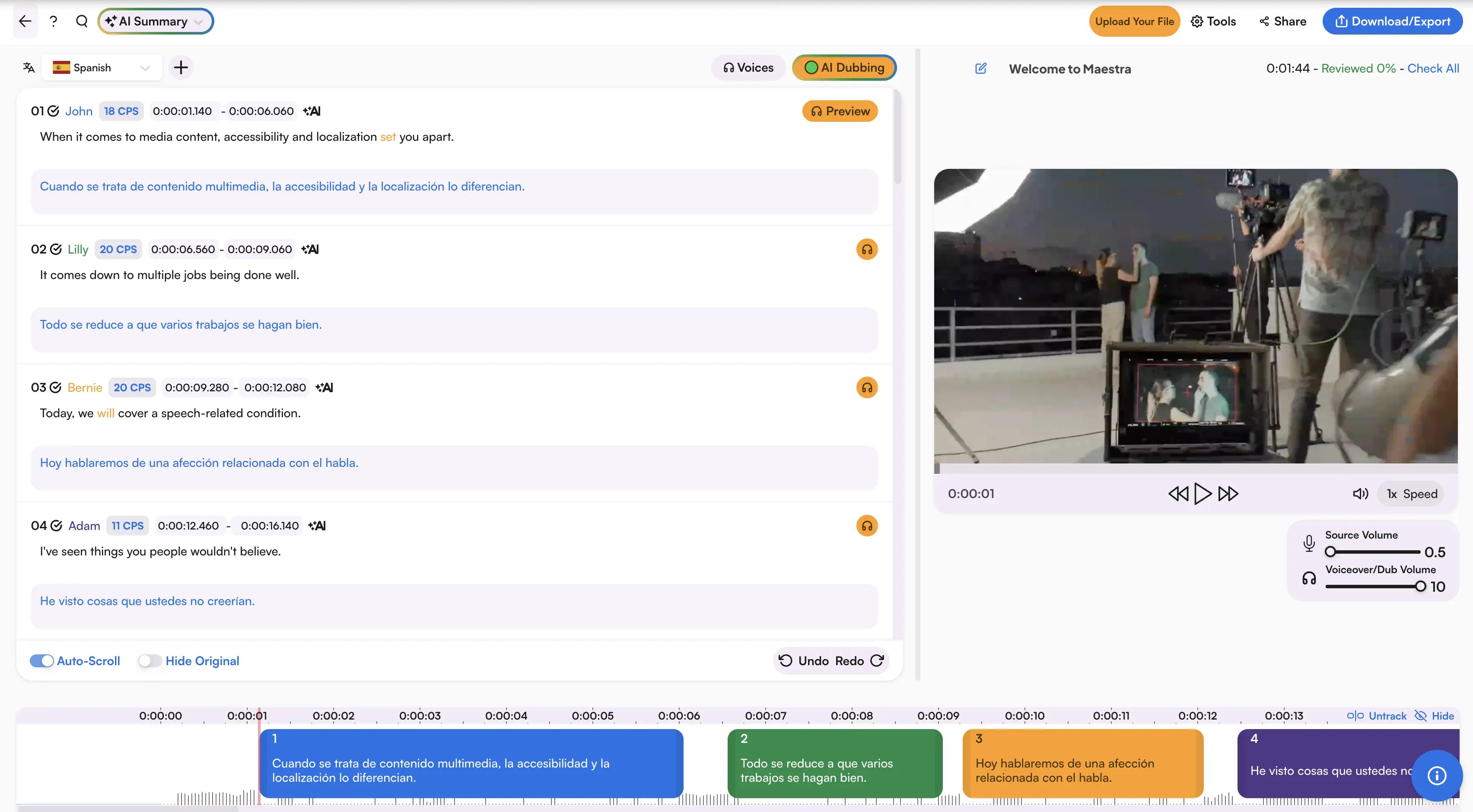 The interface of Maestra's AI video translator.
