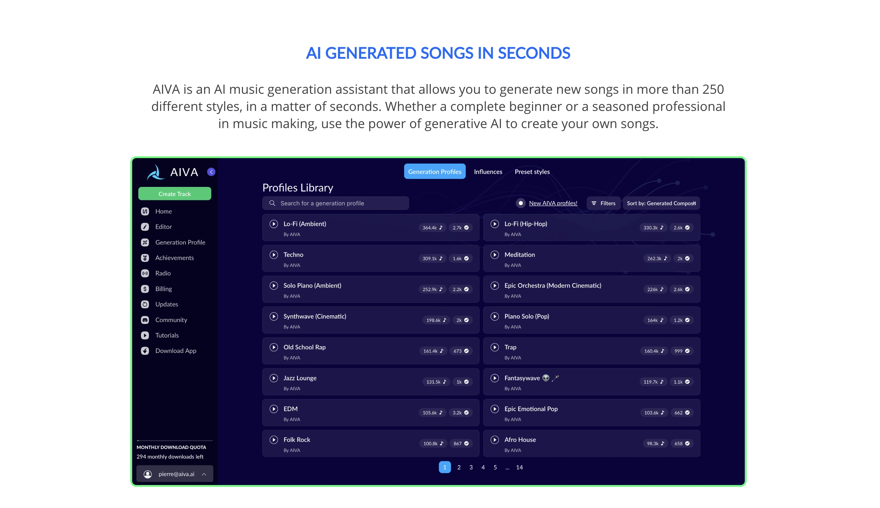 The homepage of AIVA music generator.