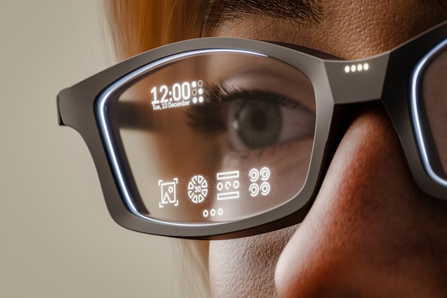 A woman wearing smart glasses sees settings.