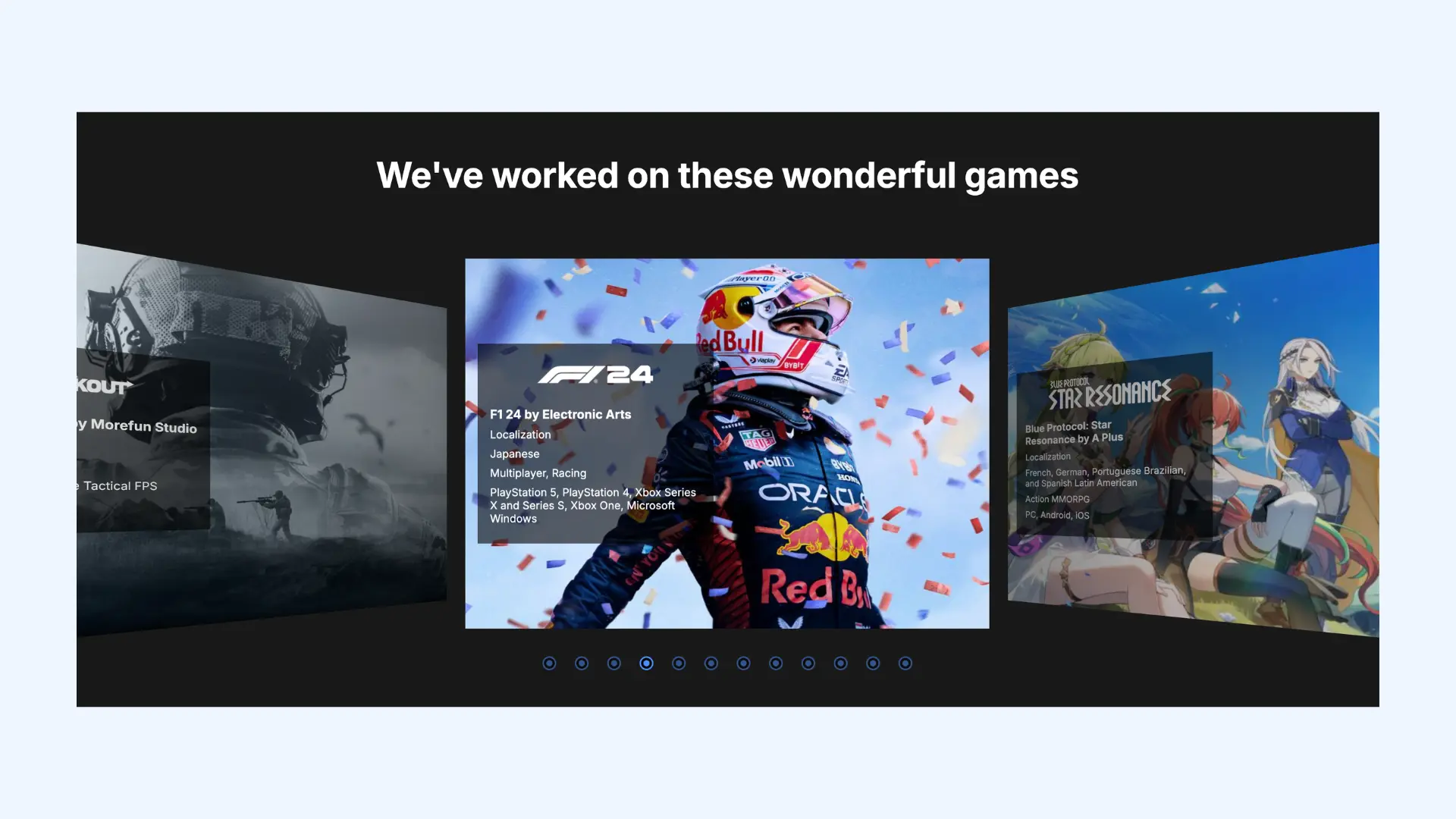 Allcorrect Games portfolio carousel showcasing featured game projects like F1 24.