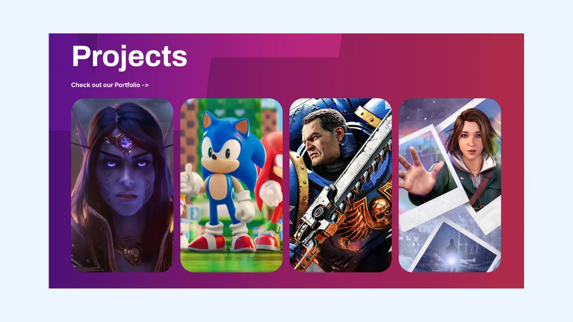 Altagram portfolio section displaying cards of featured video game characters.
