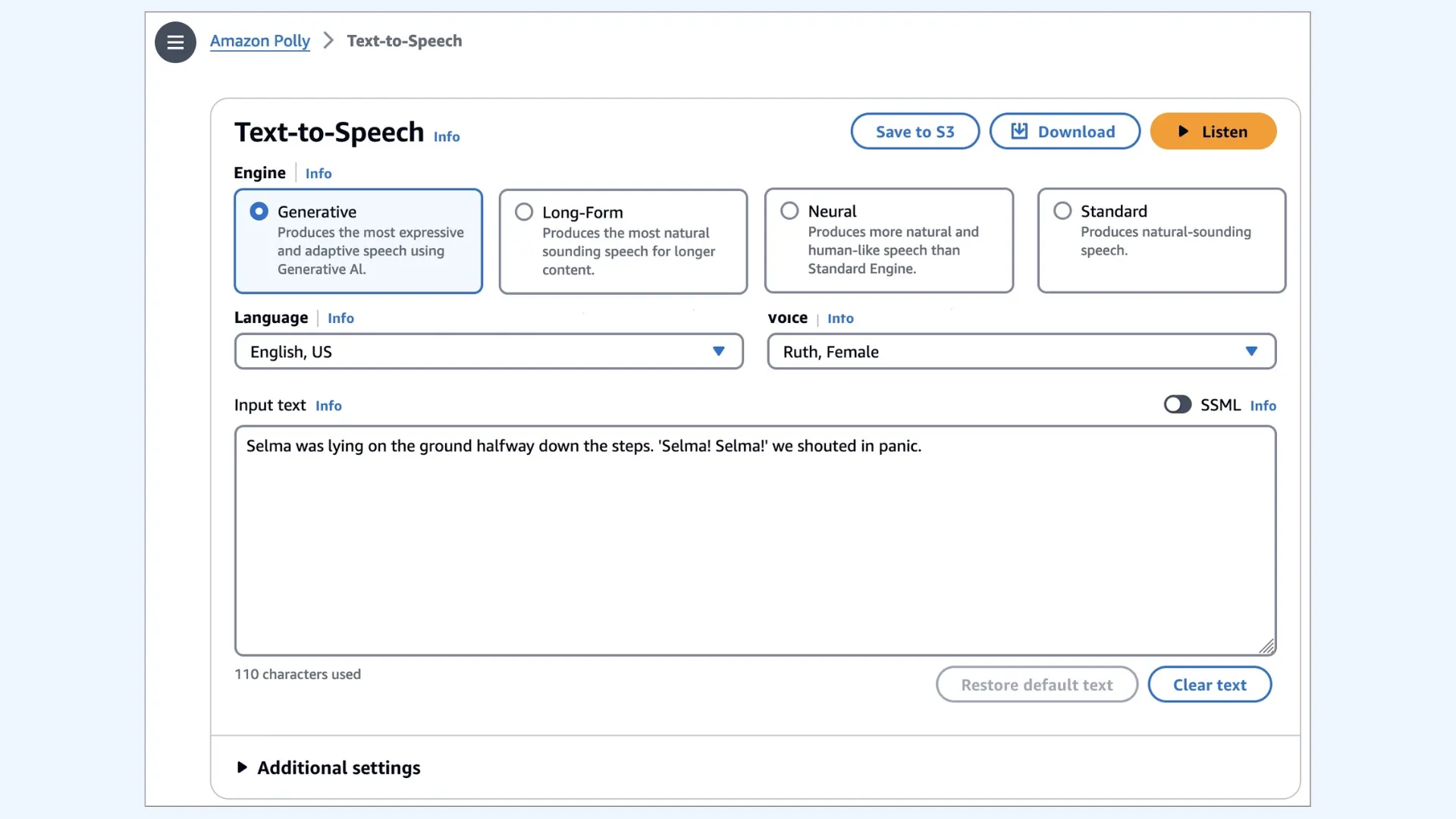 The interface of Amazon Polly TTS.