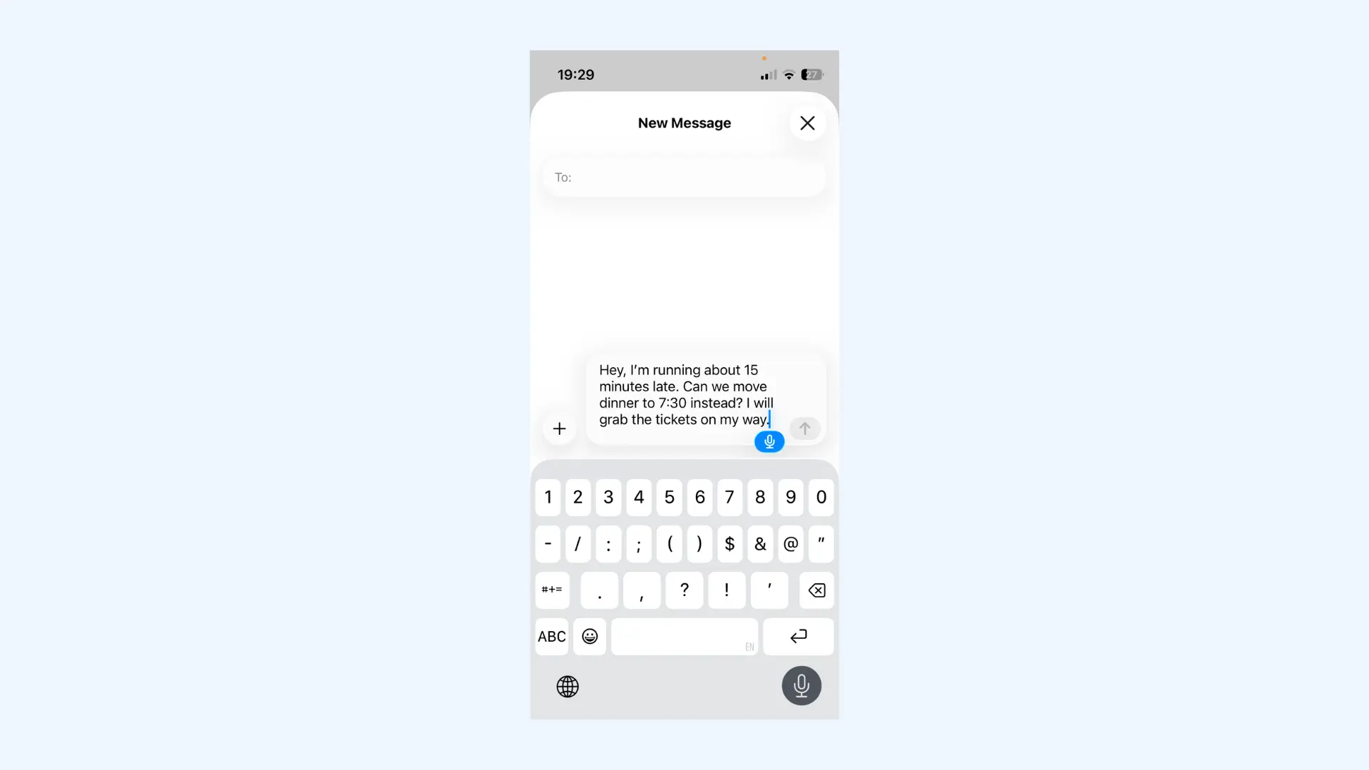 Apple Dictation active in the iPhone Messages app, transcribing a text message.