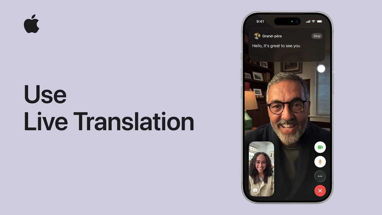 Apple graphic showing a FaceTime call on an iPhone with the text "Use Live Translation."
