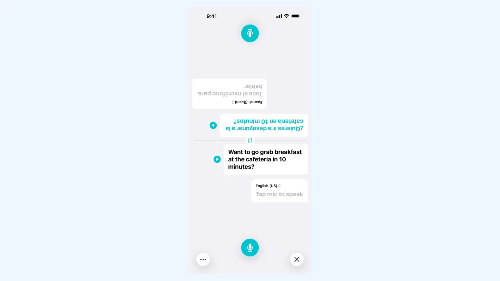 Apple Translate face-to-face conversation view, translating an English question into Spanish on a split iPhone screen.
