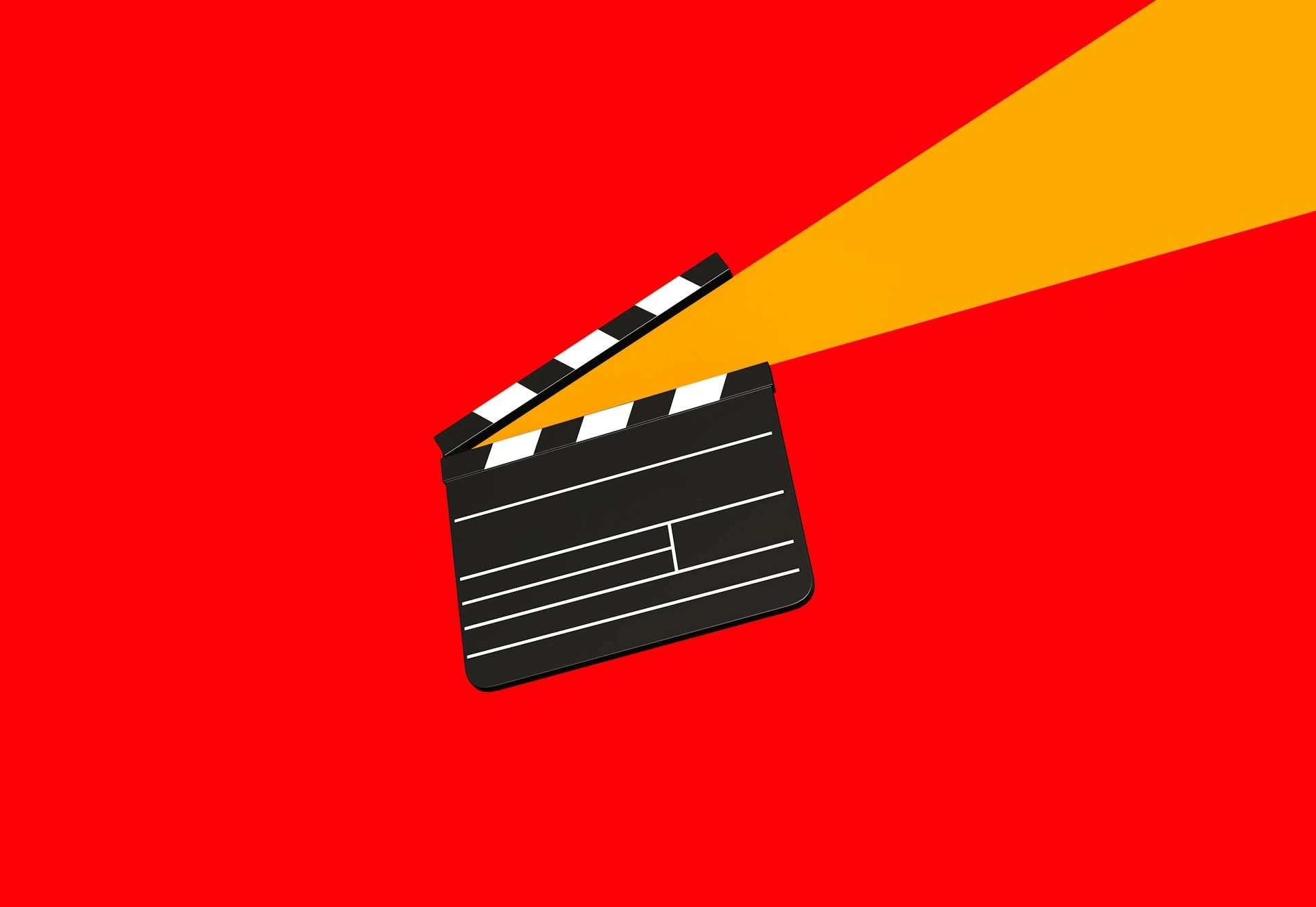 A movie clapperboard on a red background with a yellow light beam shining from it.