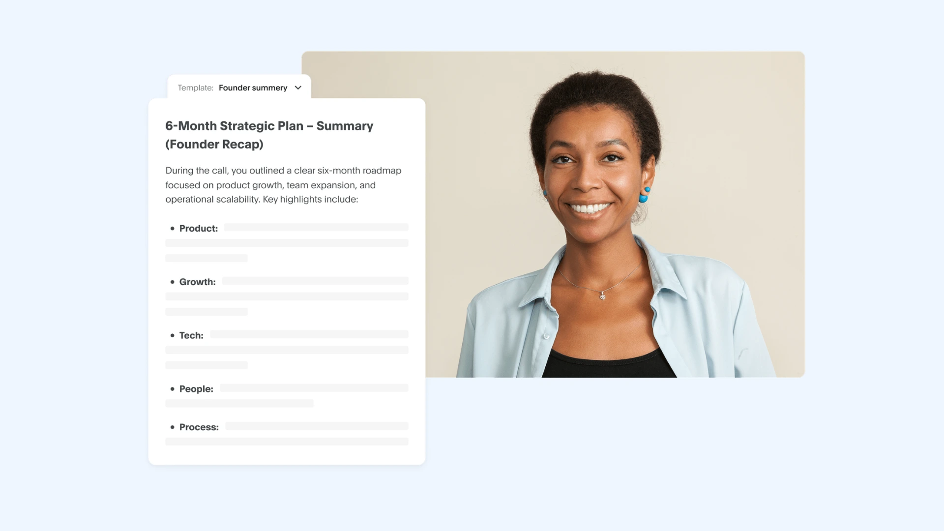 Bluedot interface showing a "6-Month Strategic Plan" summary generated from a meeting.